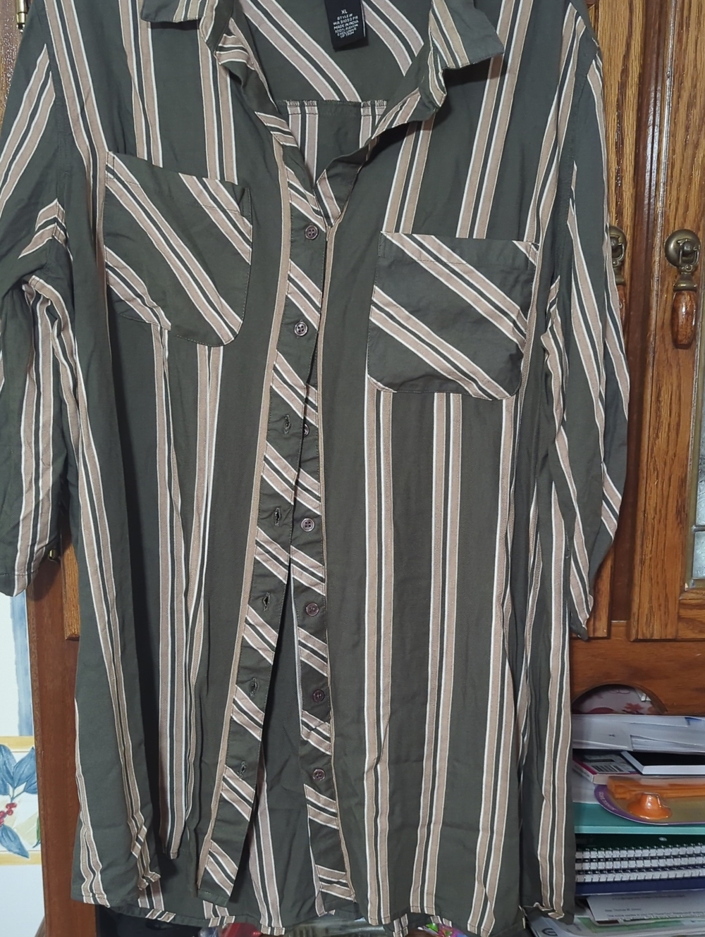 Striped Olive and Cream Button-Down Shirt